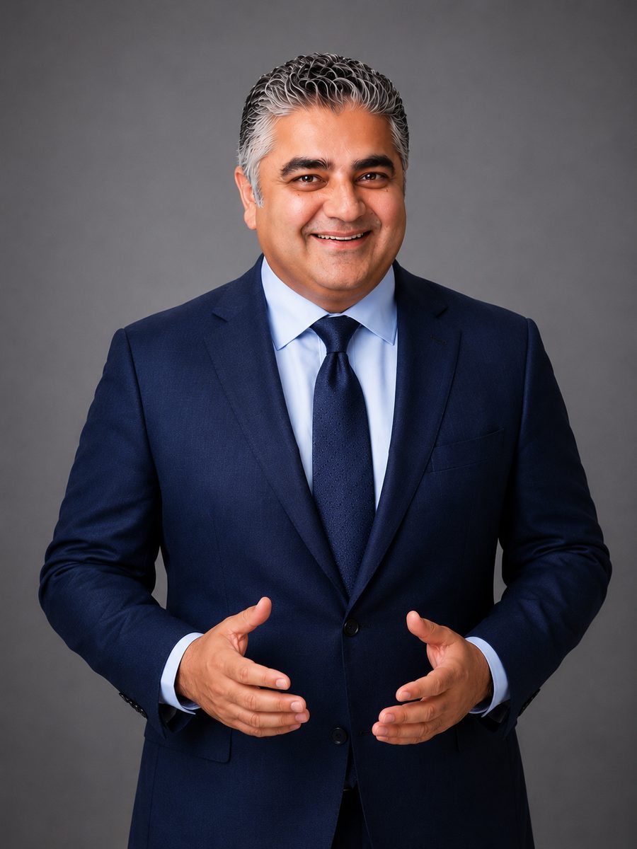 Kinshuk Malhotra, mortgage agent, in a navy suit and blue tie